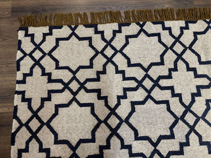 Indian Kilim Rug 8x10, Oat and Navy Blue, Dhurrie Carpet, Handmade, Wool - Nuvé