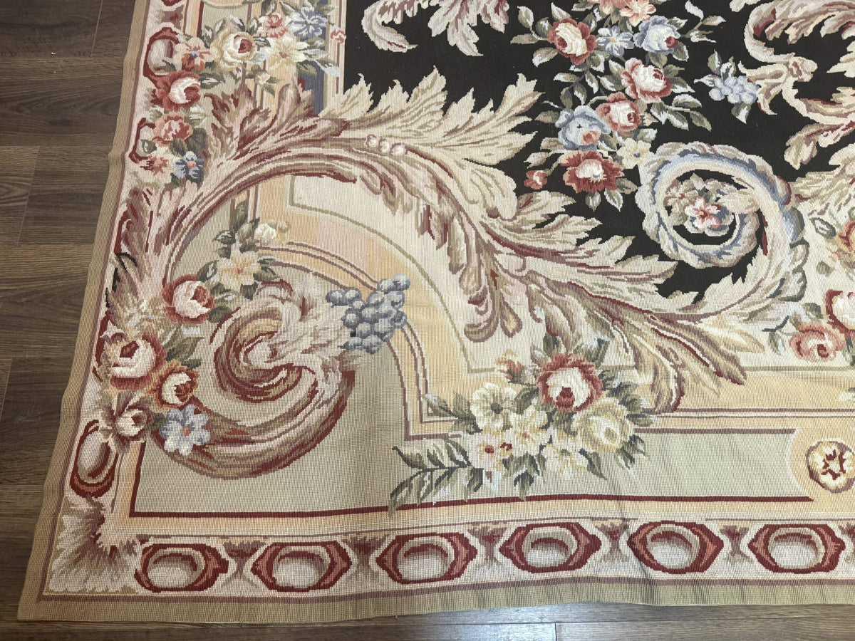 Wonderful Needlepoint Rug 10x14, Large Aubusson Carpet, Floral, Elegant, European Design