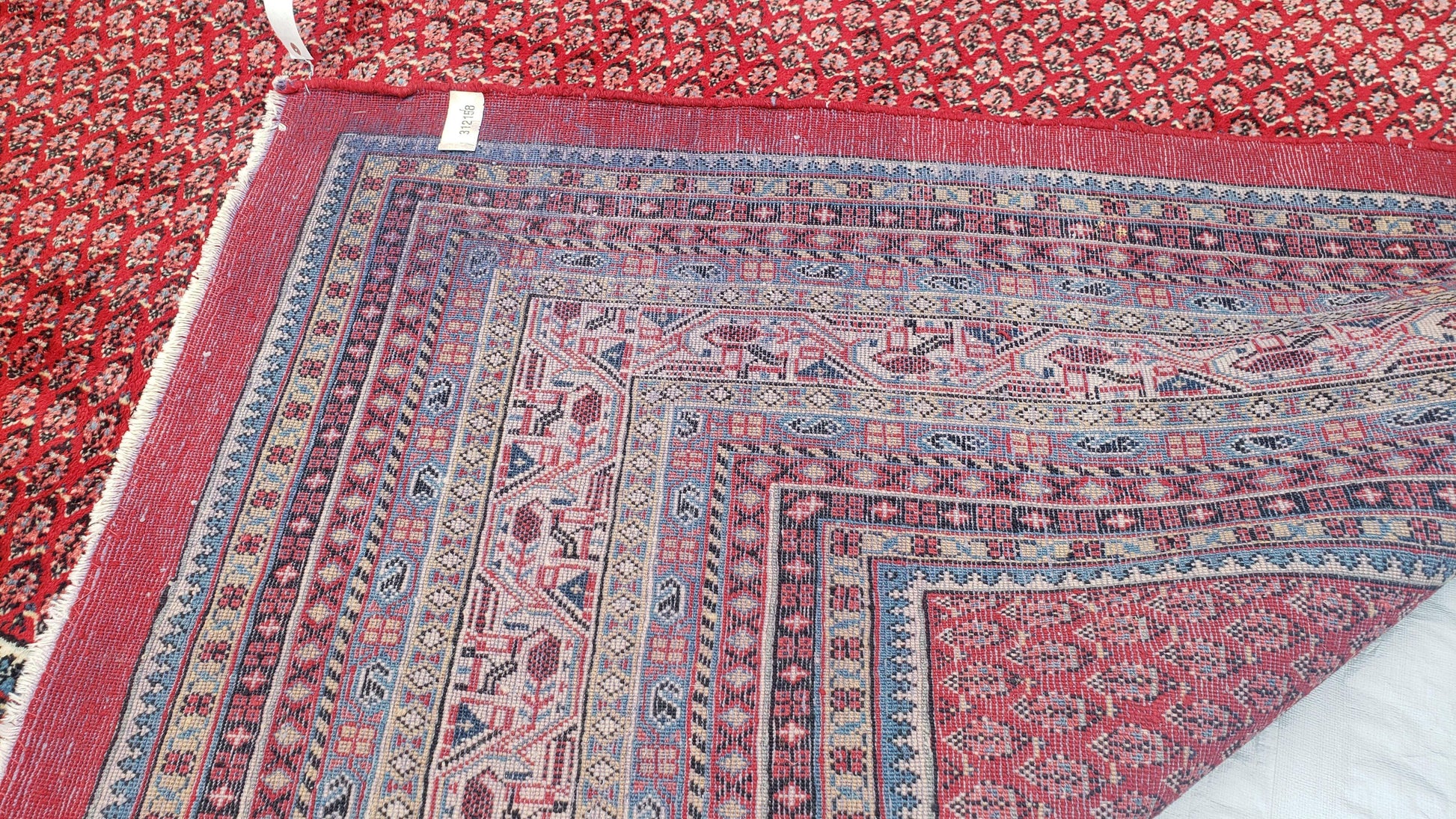 Persian Sarouk Mir Pattern, Red and Beige, Hand-Knotted, Wool, Paisley Boteh Design, 9'9" x 13', Semi Antique - Nuvé