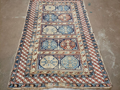 3' 4" X 4' 11" Antique Handmade Shirvan Kazak Caucasian Wool Rug Colorful - Nuvé
