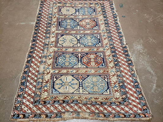 3' 4" X 4' 11" Antique Handmade Shirvan Kazak Caucasian Wool Rug Colorful - Nuvé