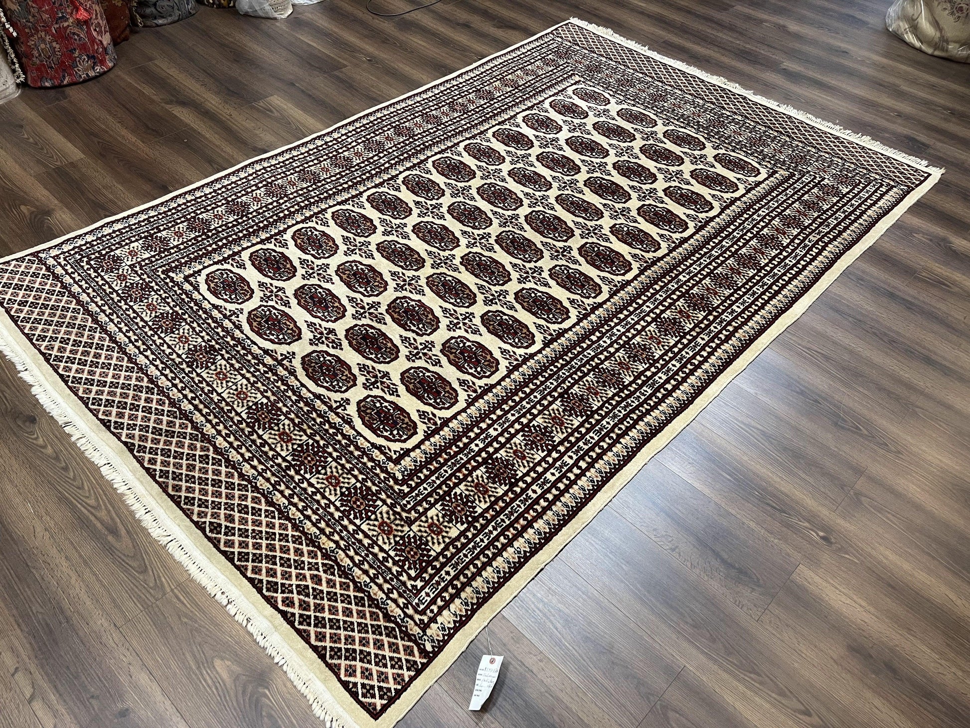 Pakistani Turkoman Rug 6x9, Cream and Red Hand Knotted Wool Oriental Carpet, Yamud Rug, Tribal Rug 6 x 9, Bohemian Area Rug, Bokhara Rug - Nuvé