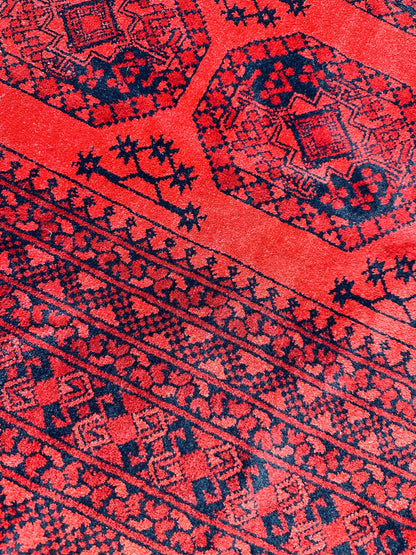 Hand-Knotted Turkoman Ersari Wool Rug – 6’7” x 9’6” – Rich Red Tones, Geometric Design - Nuvé