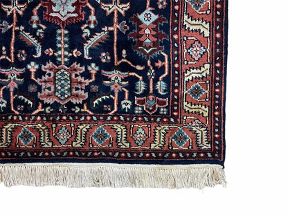 4x6 Vintage Handmade Wool Geometric Rug Organic Dyes Blue Red Hand-Knotted Rug