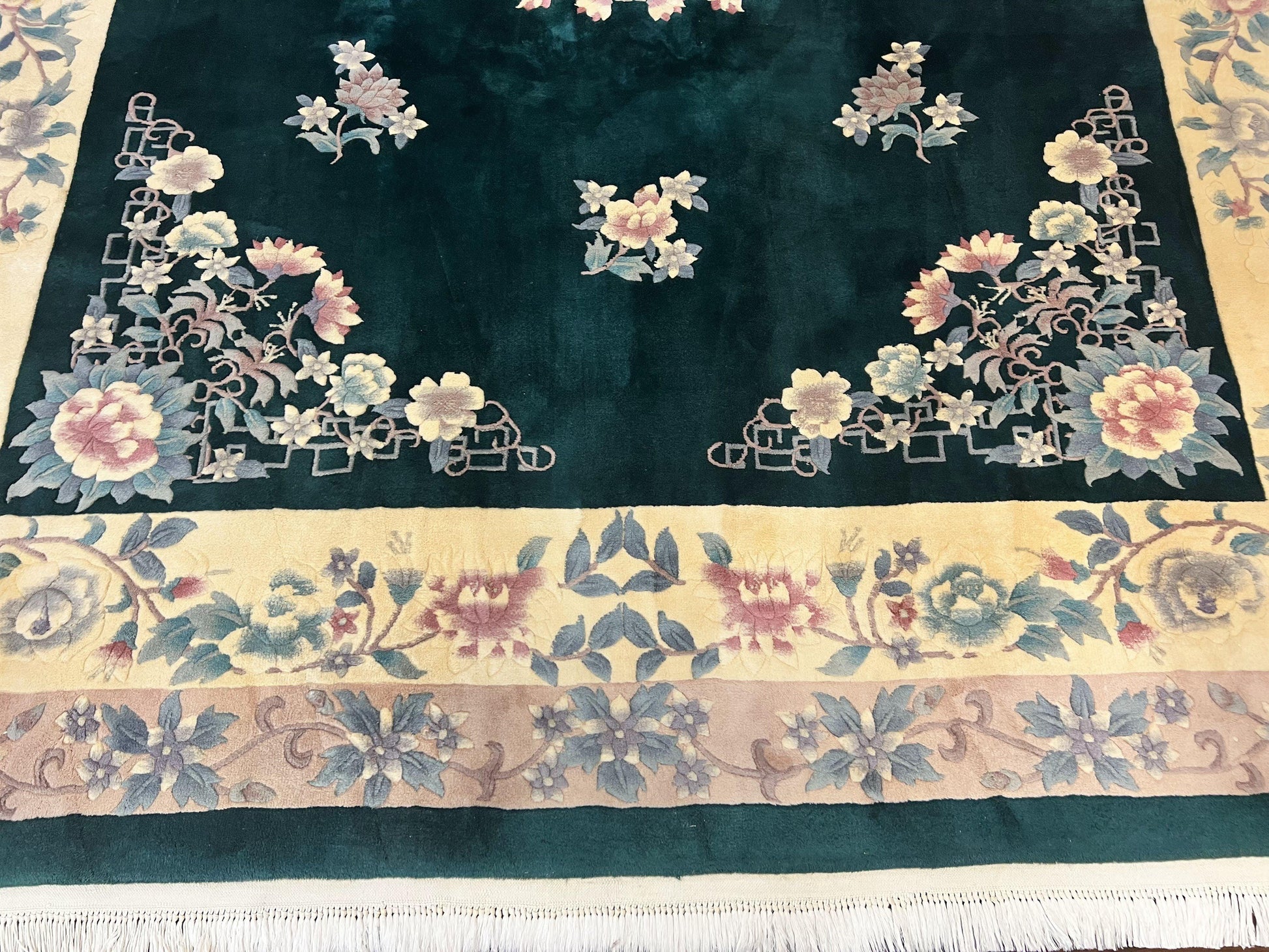 Chinese Art Deco Rug 9x12, Wool Hand Knotted Vintage Carpet, Dark Green & Cream, 90 Line Carving Rug - Nuvé