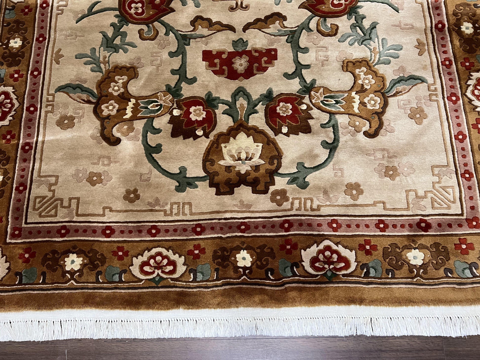 Chinese Wool Rug 5.9 x 9, Tan and Brown Asian Art Deco Carpet, Vintage 1960s Oriental Rug, Hand-Knotted Rug, Soft Wool, Medallion, Pair B - Nuvé
