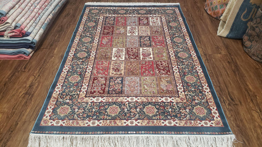 Silk Carpet 4x6 Blue, Panel Design, Four Seasons Pattern, Super Fine & Soft, Bamboo Silk, 4 x 6 Oriental Area Rug, High Quality, New Rug - Nuvé