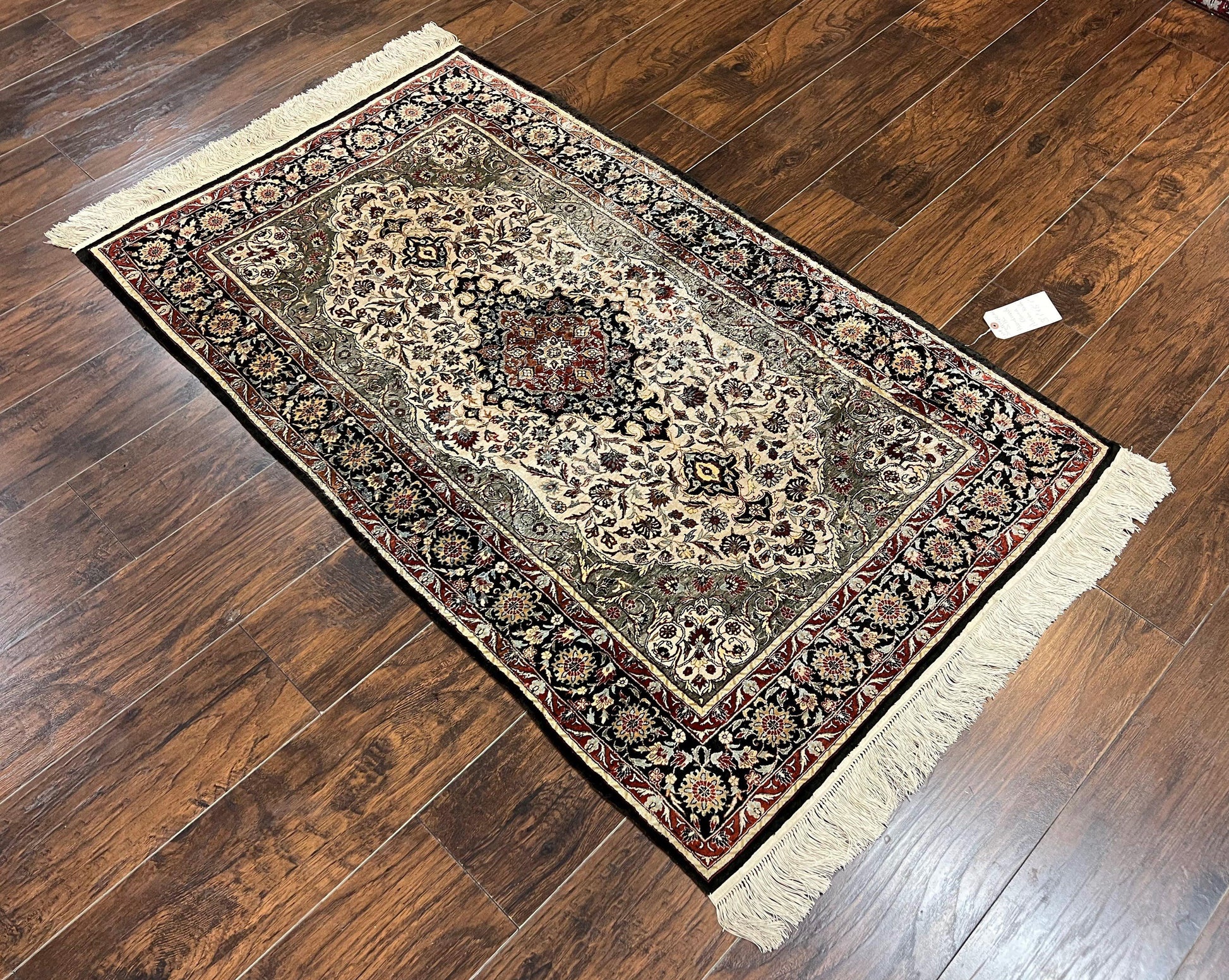 Silk Sino Persian Rug 3x5, Floral Medallion, Hand Knotted Silk Pile Silk Foundation, Traditional Silk Handmade Oriental Carpet, Cream Black - Nuvé