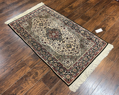 Silk Sino Persian Rug 3x5, Floral Medallion, Hand Knotted Silk Pile Silk Foundation, Traditional Silk Handmade Oriental Carpet, Cream Black - Nuvé