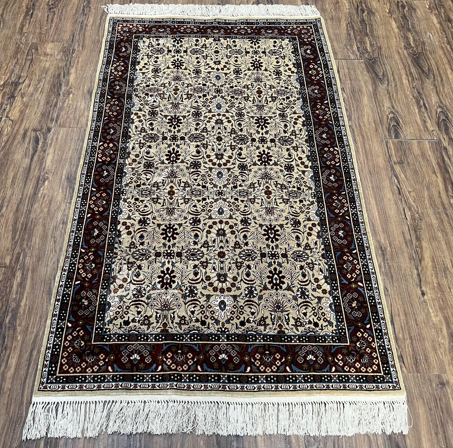 Fine Sino-Persian Silk Rug 3x5, High Quality Silk Carpet, Handmade Small Silk Rug, Allover Repeated Motif, Tan Maroon Blue Vintage Silk Rug - Nuvé