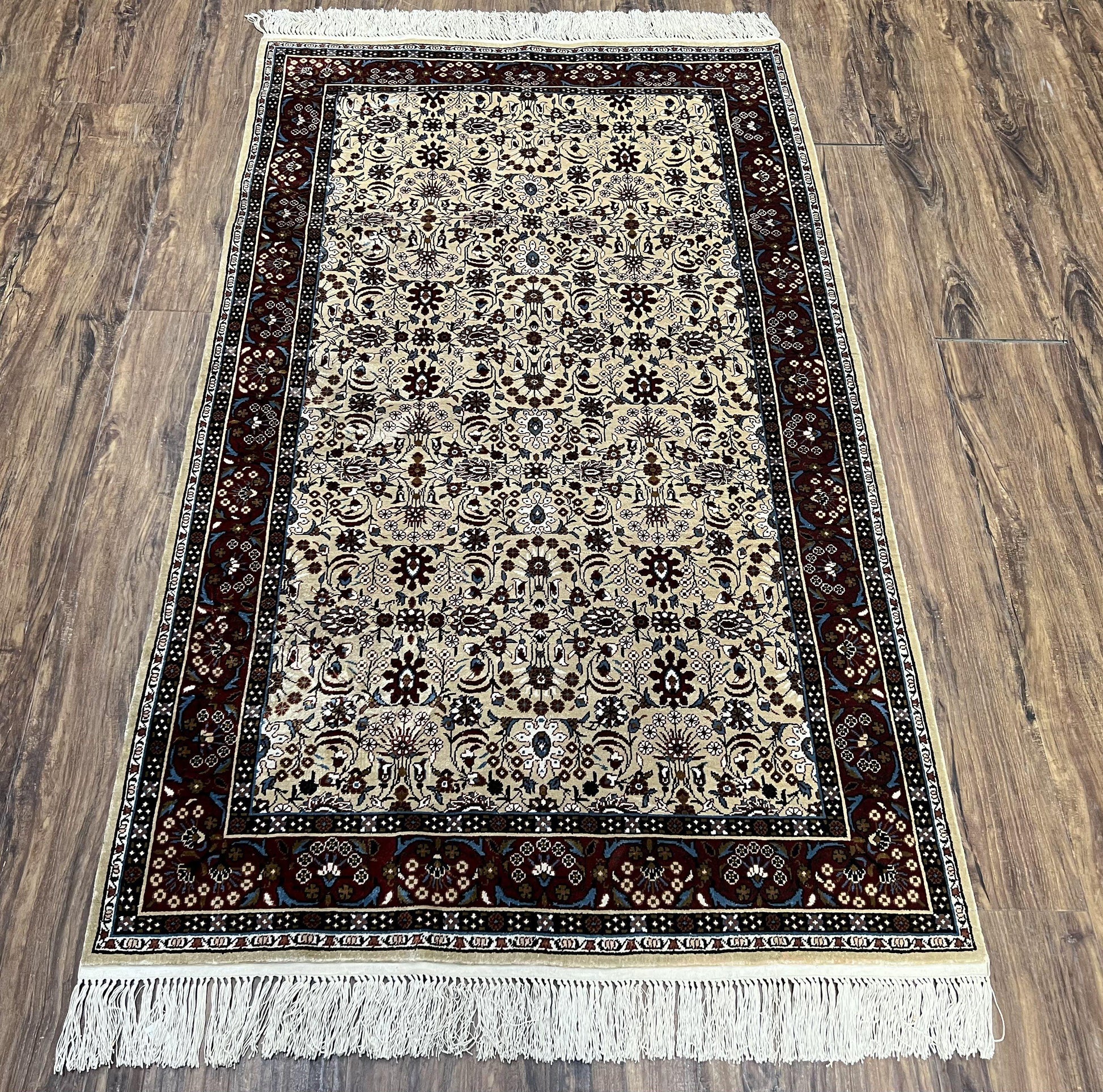 Fine Sino-Persian Silk Rug 3x5, High Quality Silk Carpet, Handmade Small Silk Rug, Allover Repeated Motif, Tan Maroon Blue Vintage Silk Rug - Nuvé