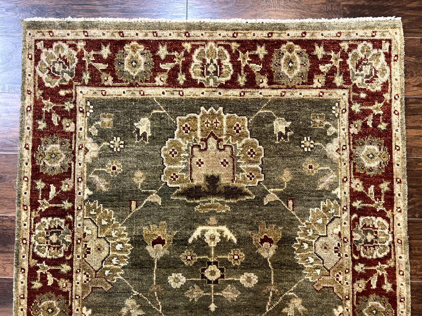 Indo Oushak Rug 4x6, Green and Maroon, Vintage Wool Floral Rug, Indian Agra Rug
