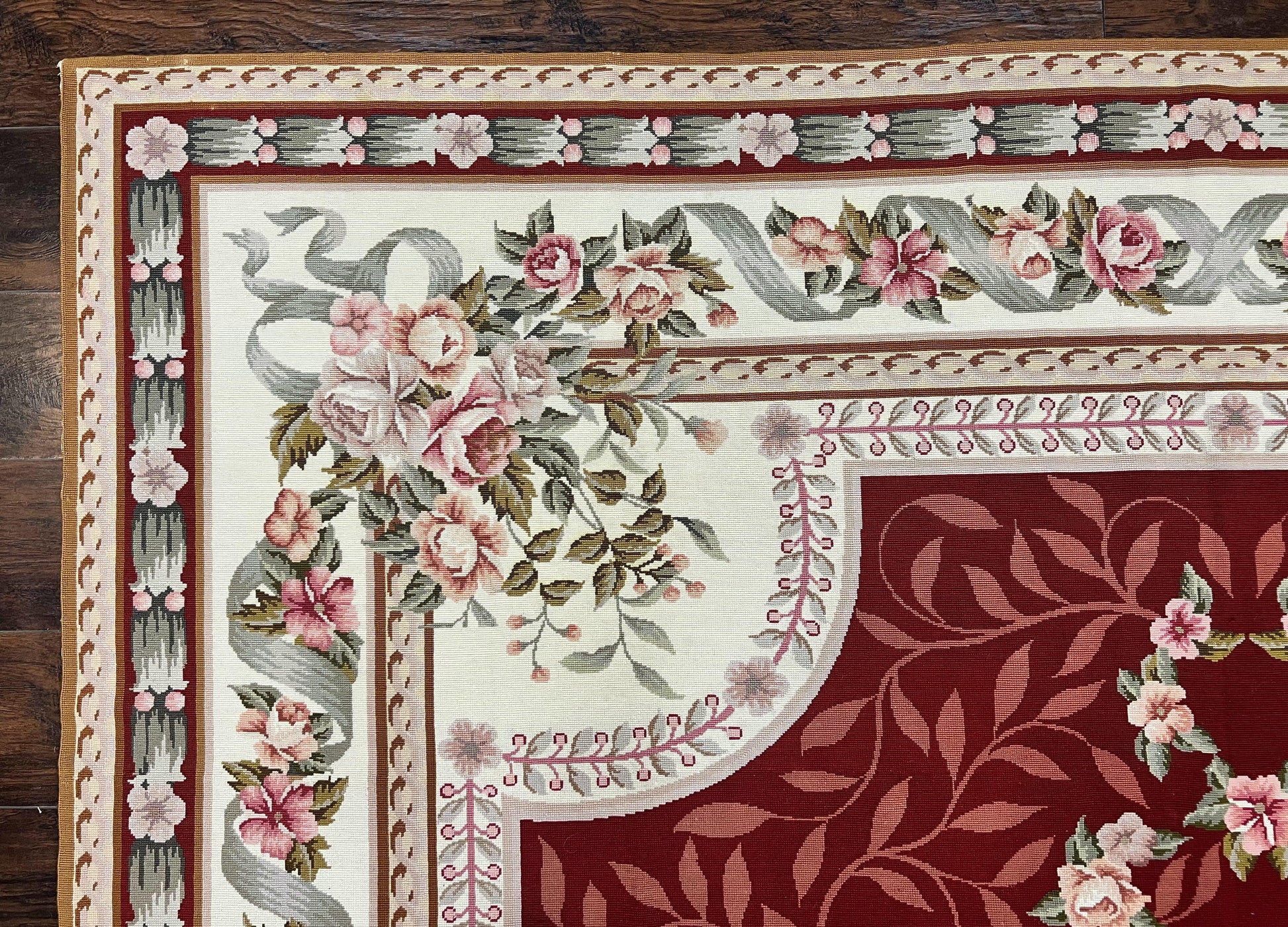 Wonderful Aubusson Rug 9x12, Handmade Vintage Needlepoint Carpet, Red and Ivory, Elegant European Design, Wool - Nuvé