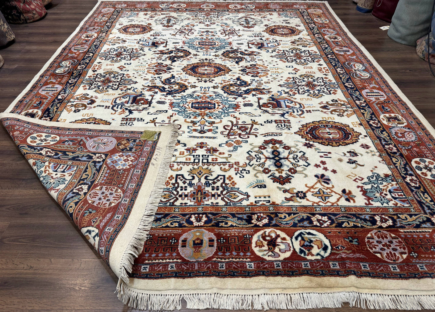 Indo Chinese Wool Rug 9x12, Ivory and Rust Red, Dragon Motifs - Nuvé
