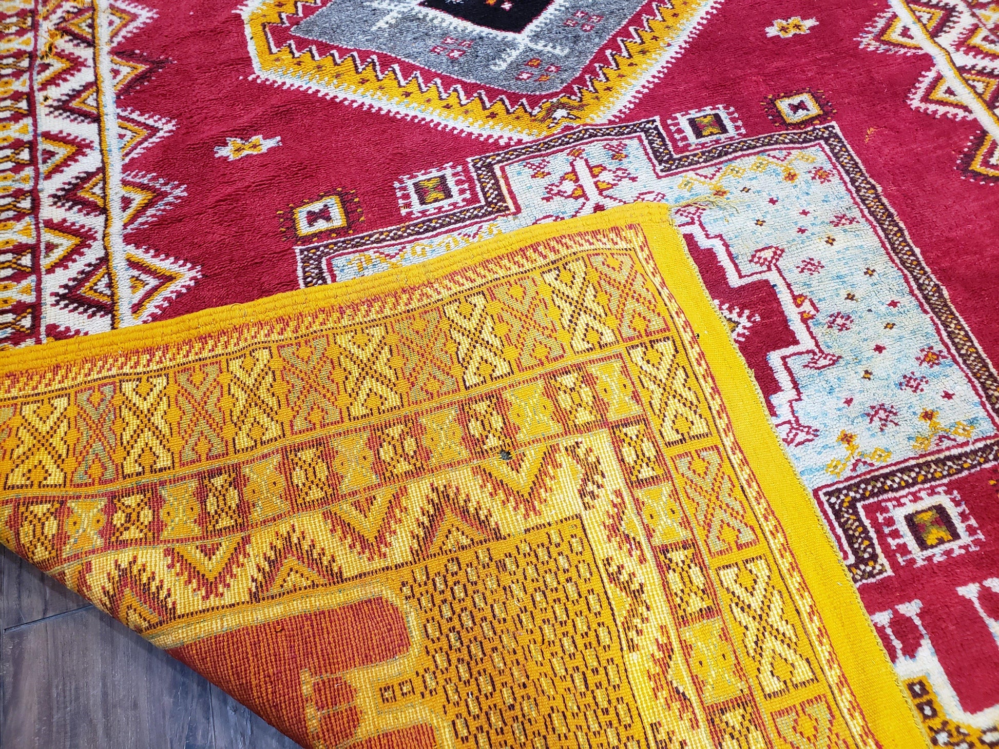 Vintage Moroccan Rug 6x10, Red and Yellow Moroccan Carpet, Handmade Bohemian Tribal Area Rug, Hand-Knotted 1970s Wool Rug, Medalions - Nuvé
