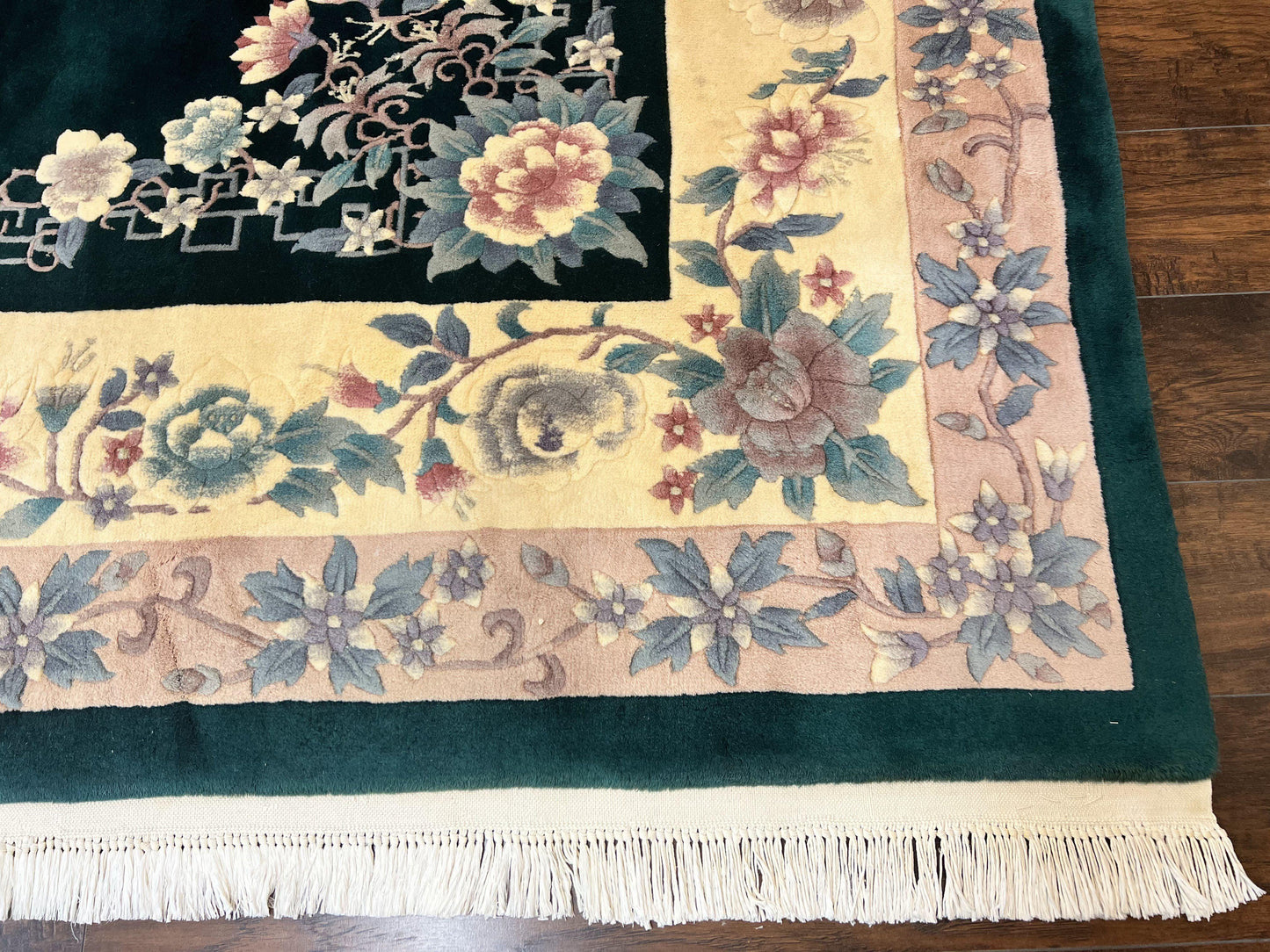 Chinese Art Deco Rug 9x12, Wool Hand Knotted Vintage Carpet, Dark Green & Cream, 90 Line Carving Rug - Nuvé