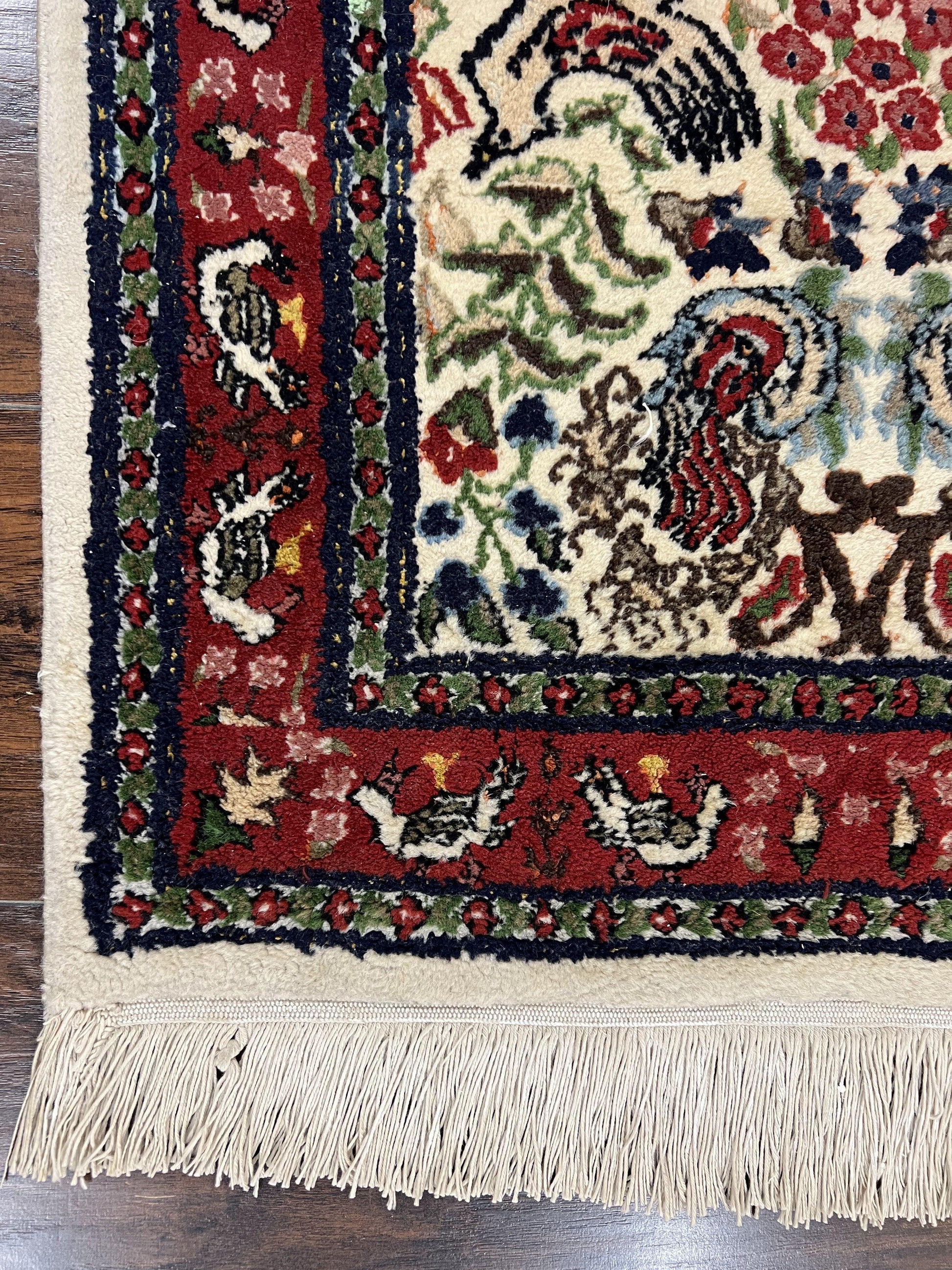 Small Indo Persian Rug 2x3 ft, Wool with Silk Highlights, Animal Pictorial Motifs Birds Vase Flowers, Cream and Maroon, Hand Knotted Fine - Nuvé