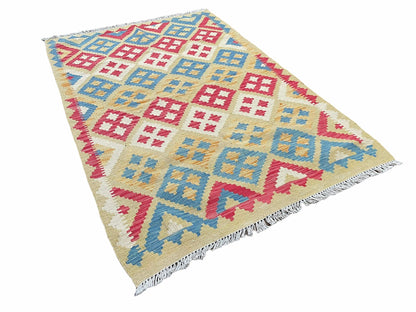 3x5 Kilim Rug Multicolor Tribal Kilim Rug 3 x 5 Tan Light Blue Red Beige New Turkish Anatolian Wool Kilim Flatweave Rug