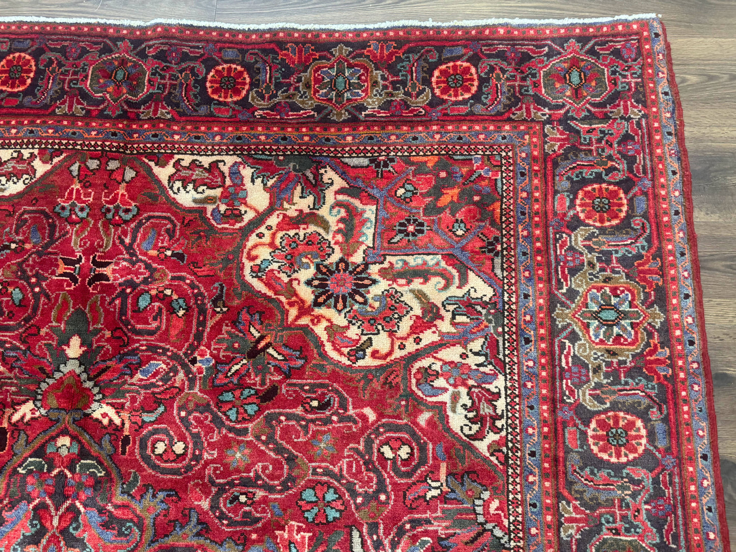 Persian Heriz Rug 7x10, Red and Navy, Geometric Medallion, Vintage Wool Carpet - Nuvé