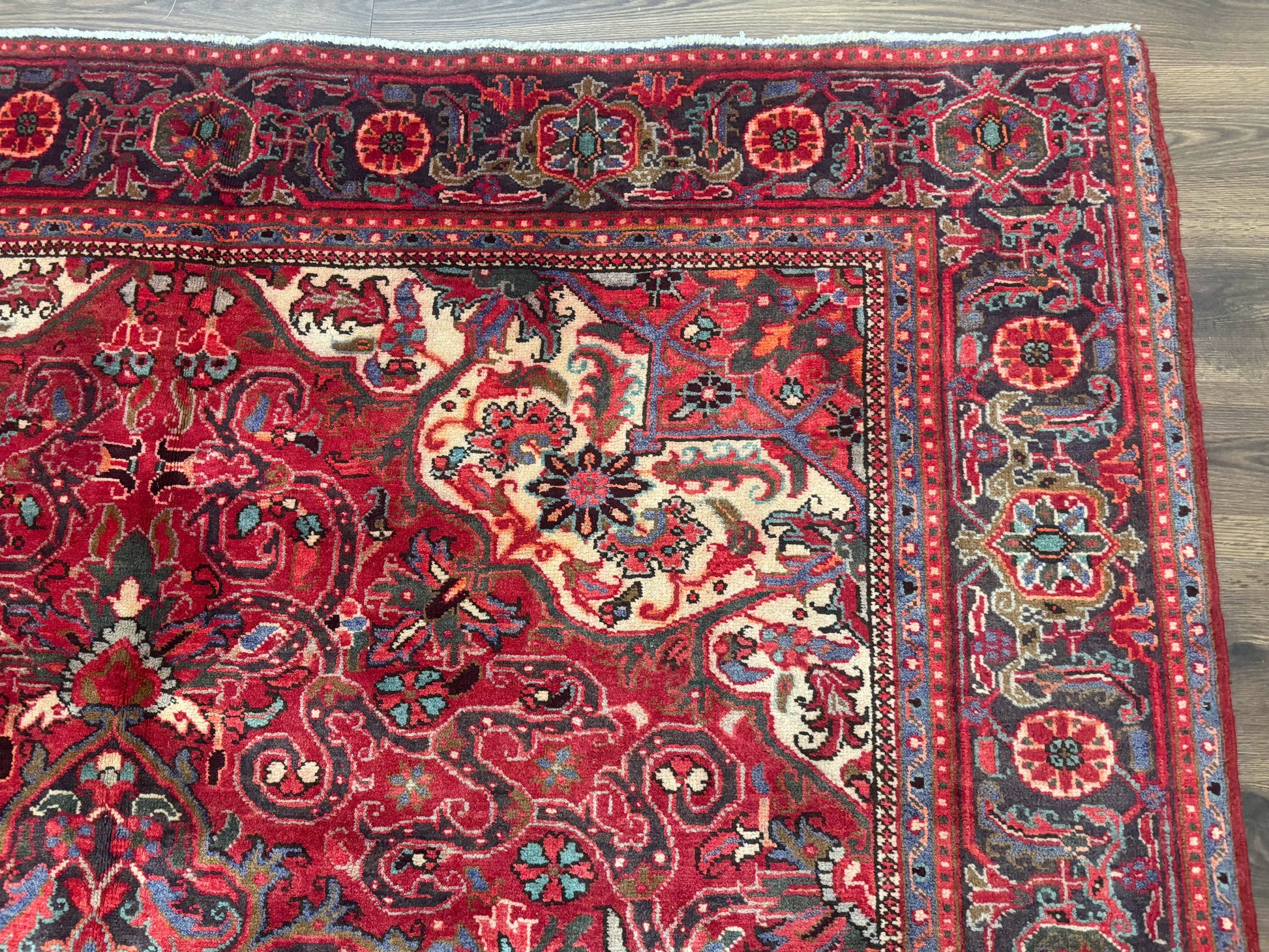 Persian Heriz Rug 7x10, Red and Navy, Geometric Medallion, Vintage Wool Carpet - Nuvé