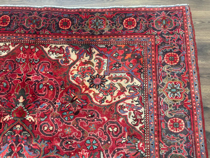 Persian Heriz Rug 7x10, Red and Navy, Geometric Medallion, Vintage Wool Carpet - Nuvé