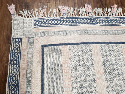 Vintage Moroccan Kilim Area Rug 4x6, Ivory & Blues, Moroccan Wall Hanging, Wool, Handmade, 3'9" x 6' 1", Boho Rug, Flatweave Moroccan Carpet - Nuvé