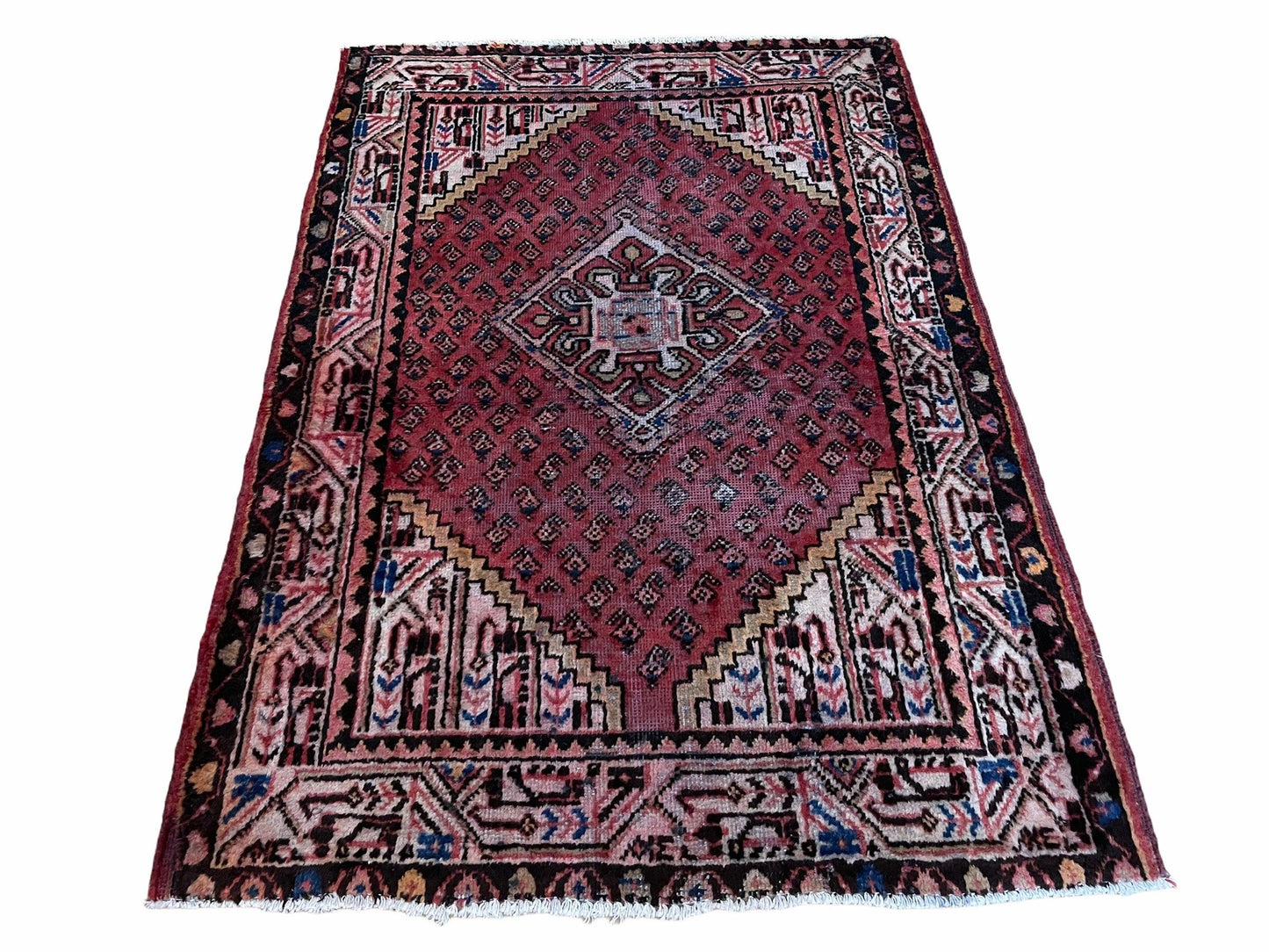 4x6 Antique Rug Handmade Wool Rug Organic Dyes Red Ivory Red Tribal Rug Boho Rug - Nuvé