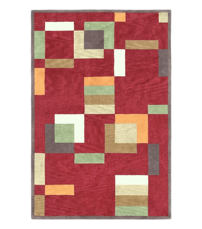 Indo Tibetan Modern Rug 5x8, Abstract Rug 5 x 8 ft, Red Multicolor Wool Handmade Contemporary Area Rug