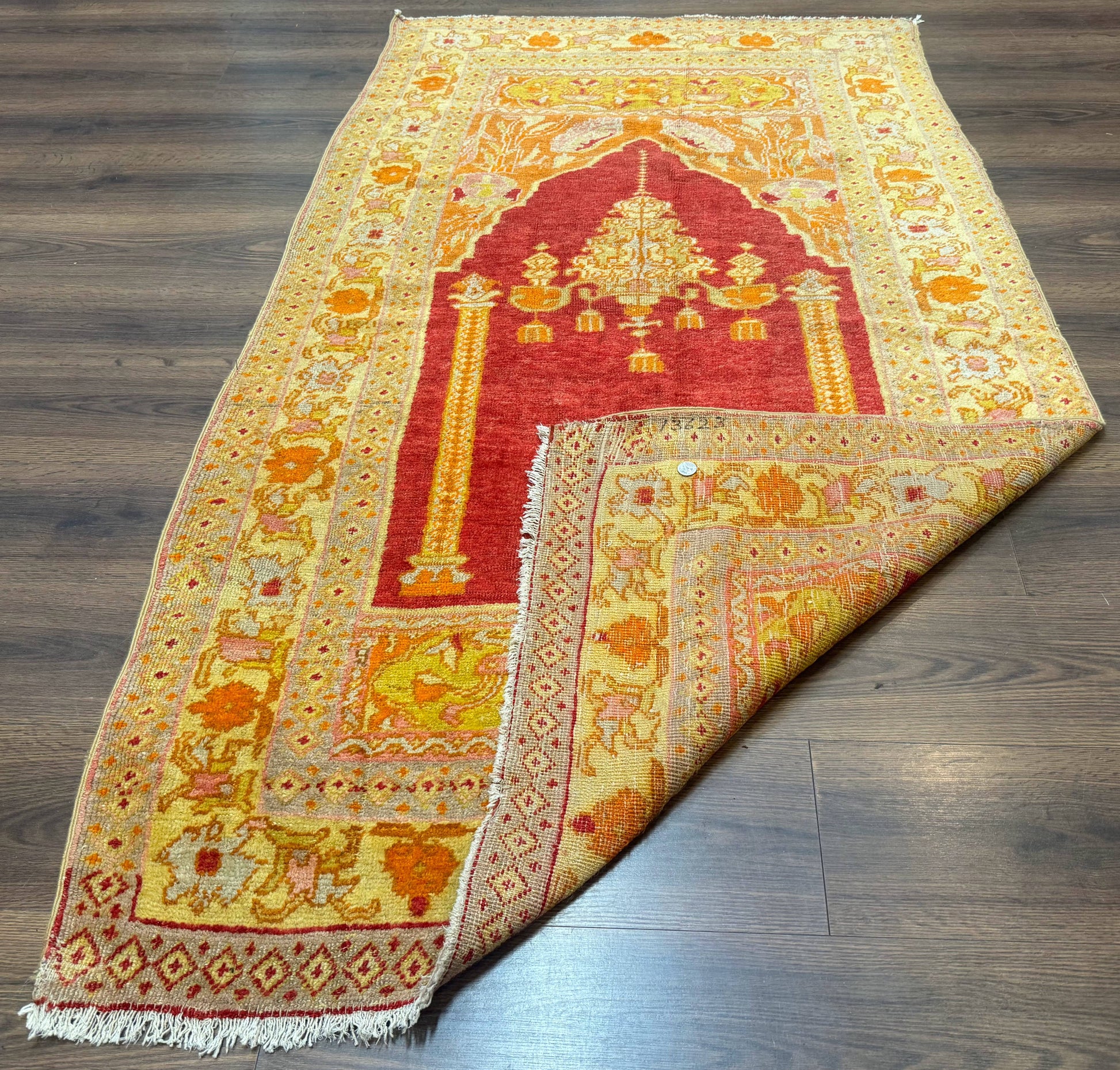 Antique Turkish Prayer Rug 4x6, Red and Golden Mustard, Mihrab Design, Anatolian Carpet - Nuvé
