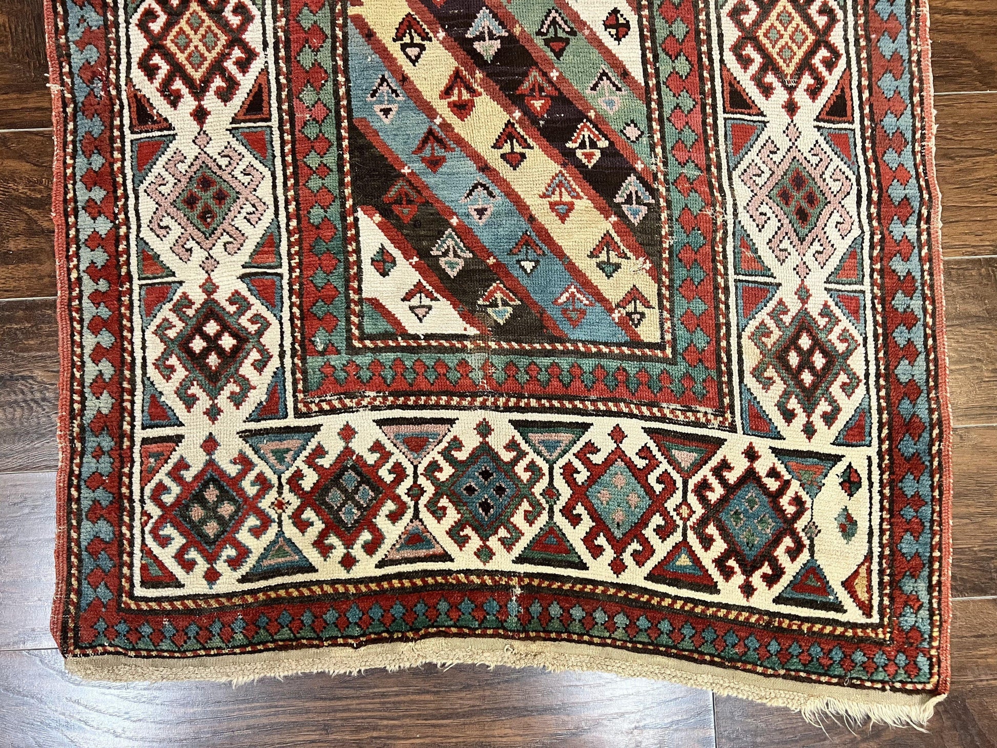 Caucasian Kazak Runner Rug 3.6 x 8, Wool Hand Knotted Antique 1880s Carpet, Ivory & Multicolor Stripes Oriental Runner Rug, Hallway Rug - Nuvé