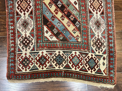 Caucasian Kazak Runner Rug 3.6 x 8, Wool Hand Knotted Antique 1880s Carpet, Ivory & Multicolor Stripes Oriental Runner Rug, Hallway Rug - Nuvé
