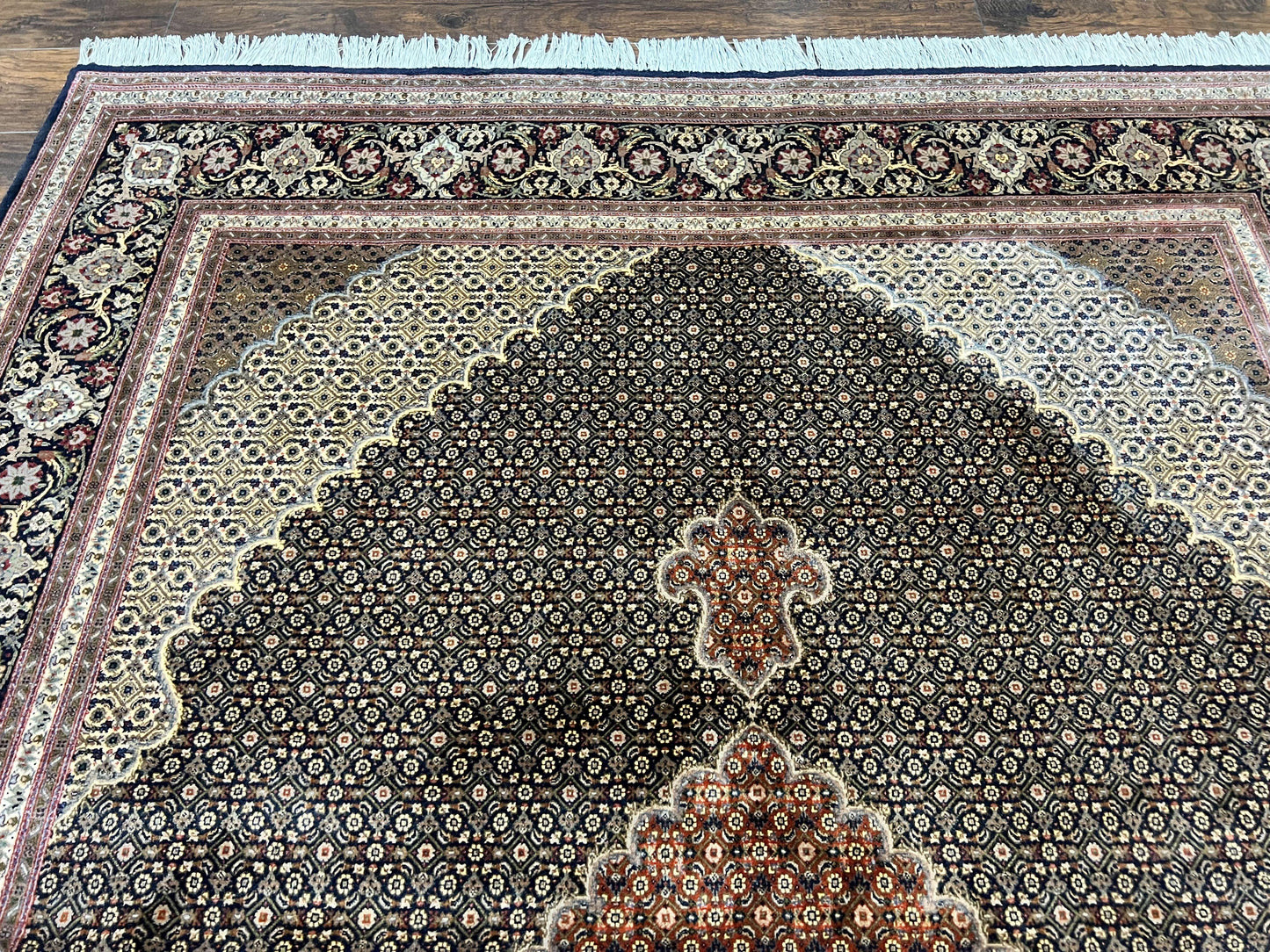Persian Tabriz Rug 7x10, Very Fine 330 KPSI 50 Raj, Black and Beige, Handmade Wool Vintage Persian Carpet - Nuvé