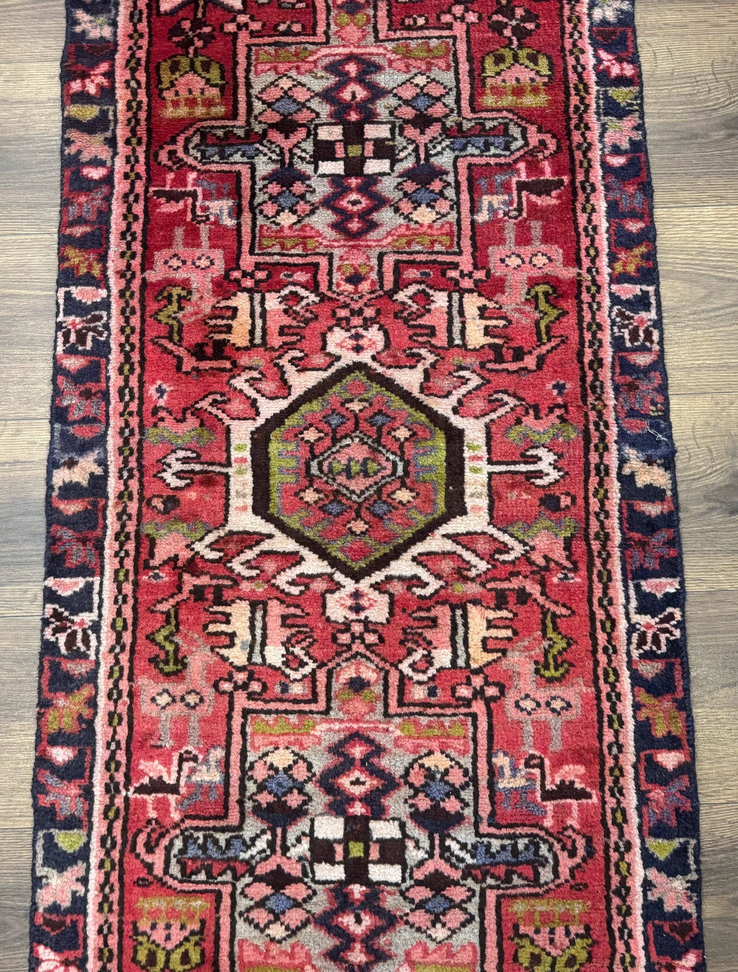 Persian Heriz Karajeh Runner Rug 2x9, Geometric Medallions, Red Navy Blue, 2 x 9 Rug for Hallway - Nuvé