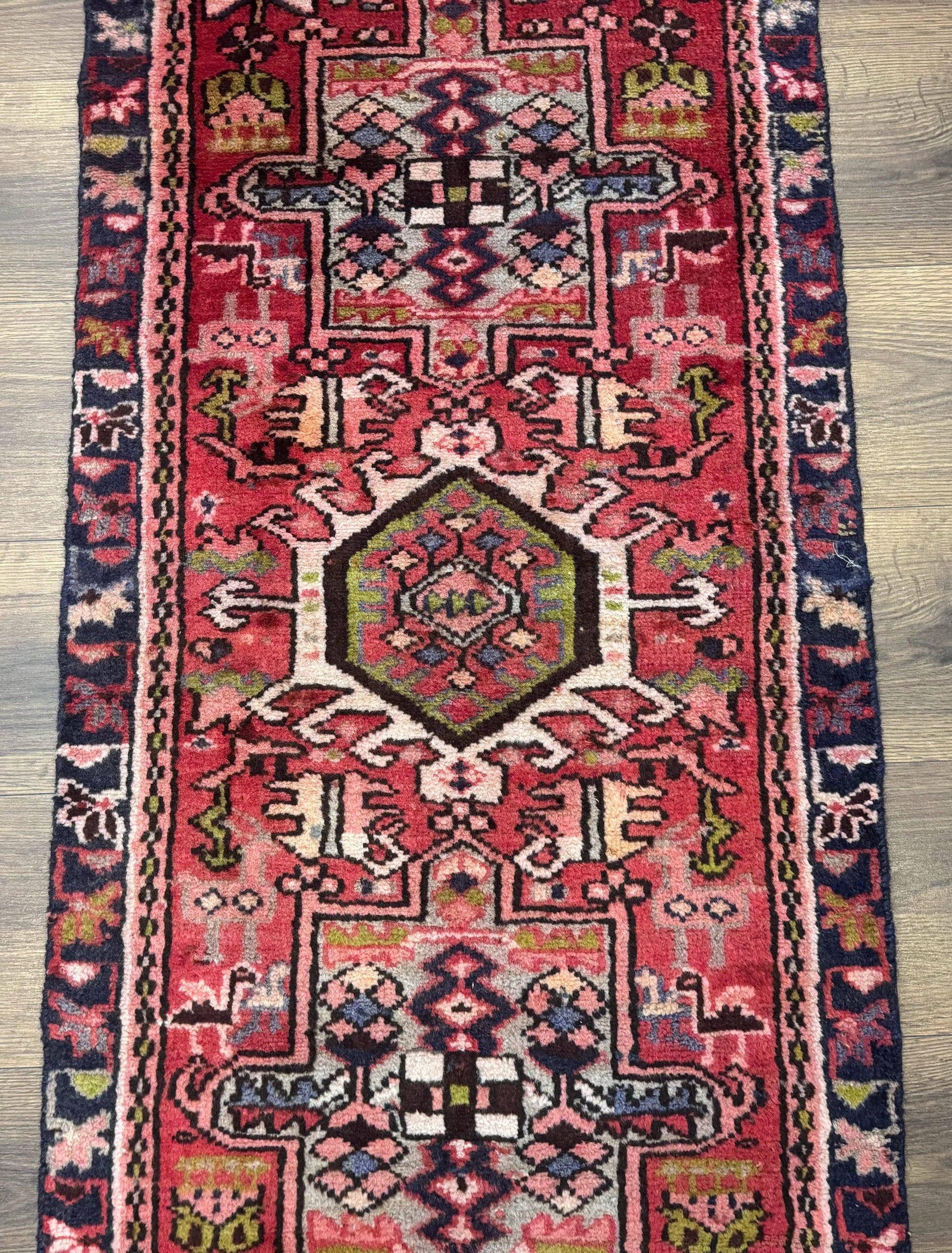 Persian Heriz Karajeh Runner Rug 2x9, Geometric Medallions, Red Navy Blue, 2 x 9 Rug for Hallway - Nuvé