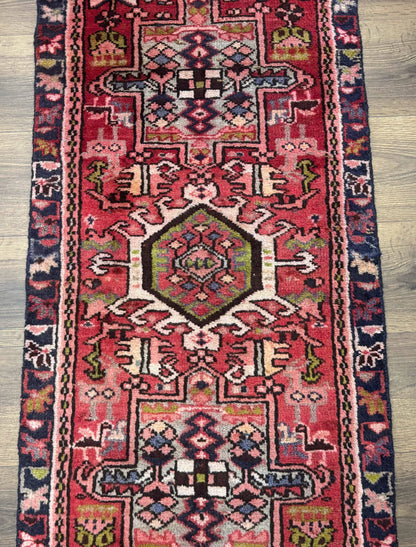 Persian Heriz Karajeh Runner Rug 2x9, Geometric Medallions, Red Navy Blue, 2 x 9 Rug for Hallway - Nuvé