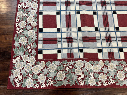 Indian Hand Stitched Rug 4x6, Vintage Carpet, Checkerboard Floral Pattern, Maroon Ivory, Flatweave, Wool - Nuvé