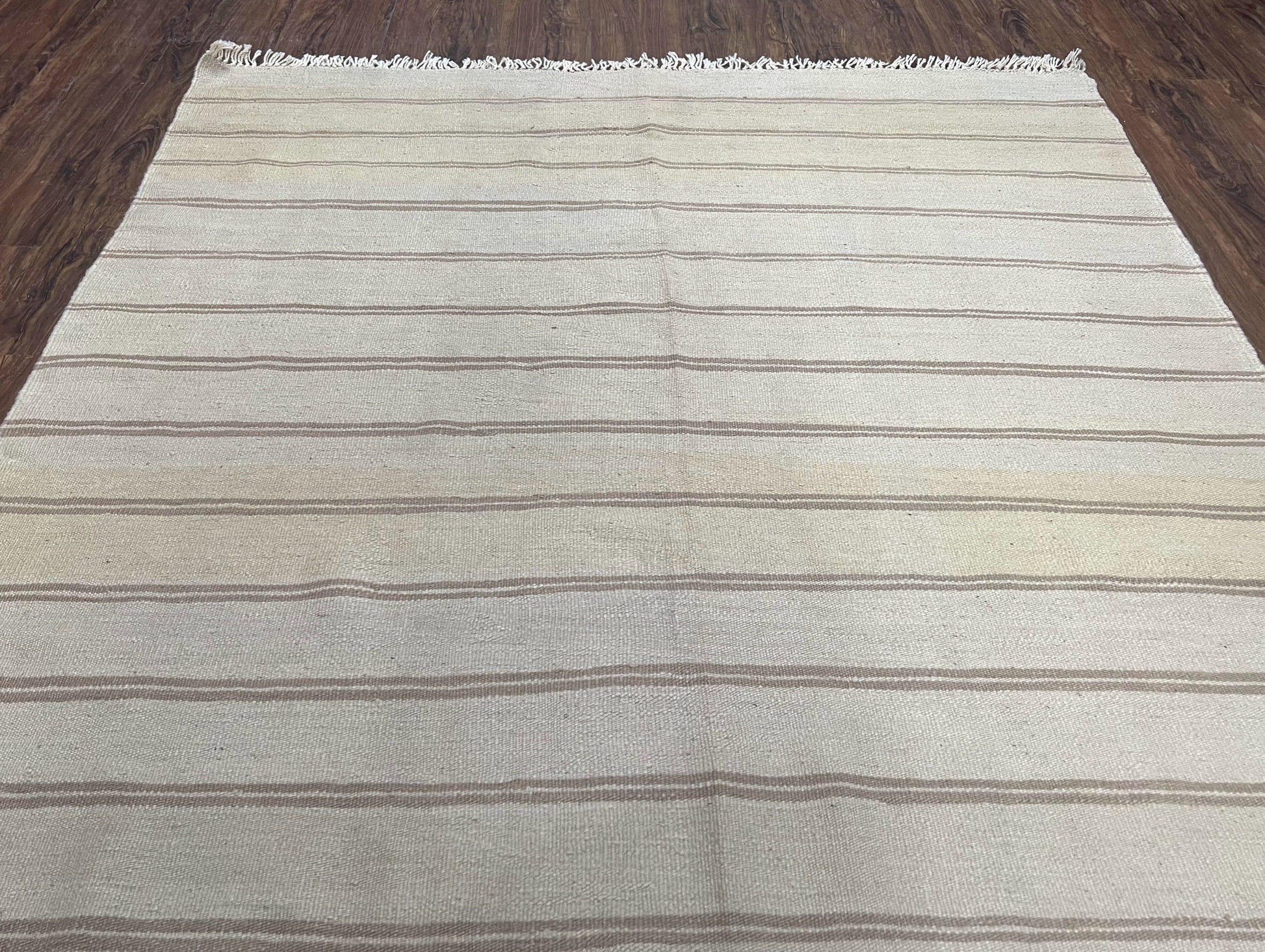 New Turkish Kilim Rug 5x8 Flatweave Carpet, Bohemian Rug, Contemporary Rug, Hand Woven, Wool Area Rug, Gray and Taupe, Striped Pattern - Nuvé