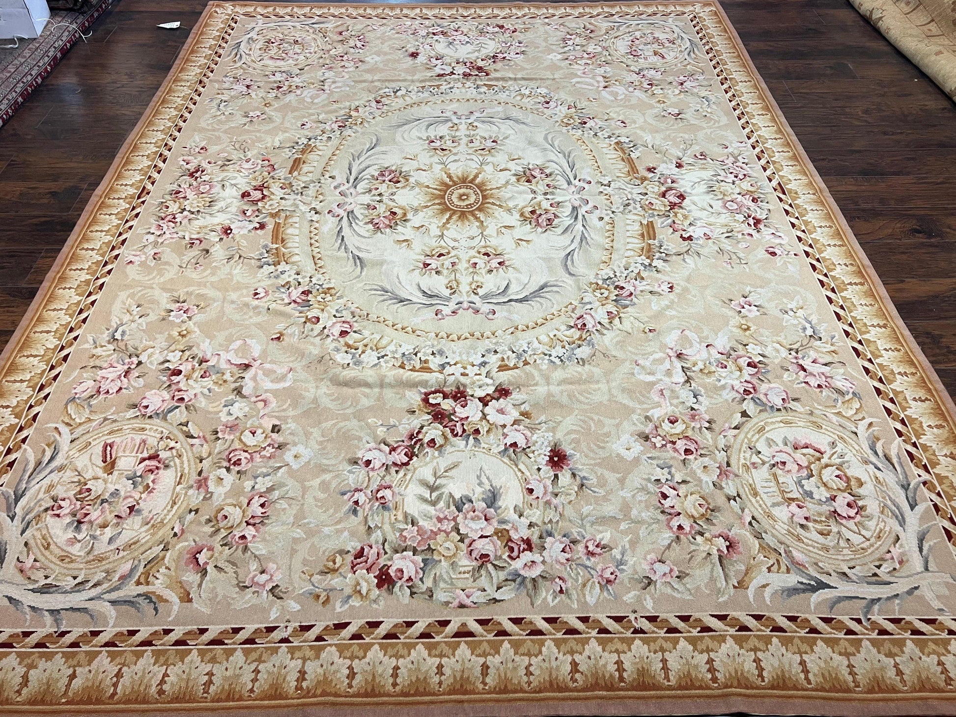 Aubusson Rug 9x12, Elegant Savonnerie Carpet 9 x 12 ft, Beige Ivory Tan, Floral, Flatweave Wool Handmade Area Rug 9 x 12 ft, European French - Nuvé