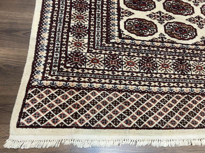 Pakistani Turkoman Rug 6x9, Cream and Red Hand Knotted Wool Oriental Carpet, Yamud Rug, Tribal Rug 6 x 9, Bohemian Area Rug, Bokhara Rug - Nuvé
