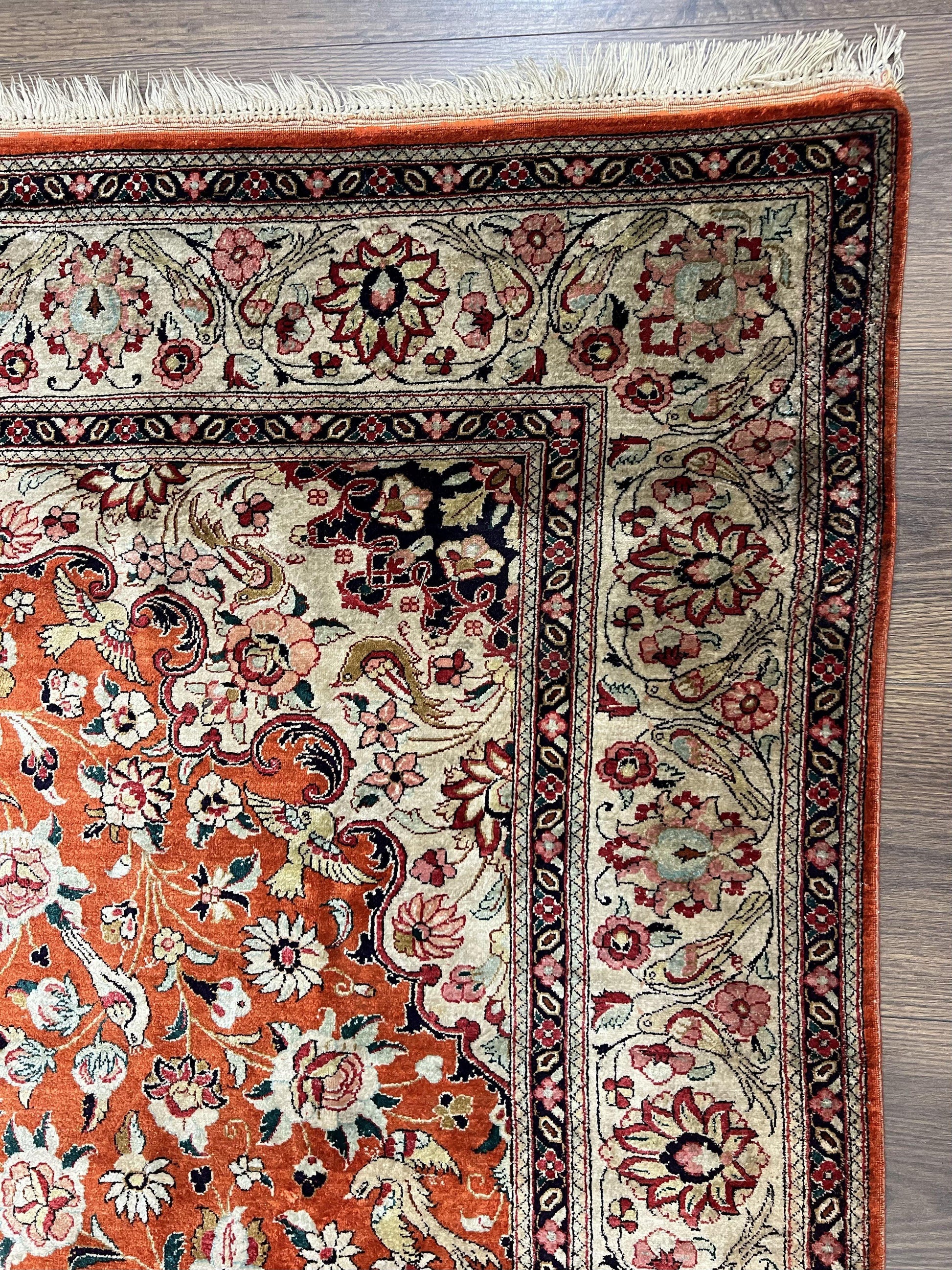 Persian Qum Silk Rug 5x7 - Floral Medallion, Birds, Orange-Red - Nuvé
