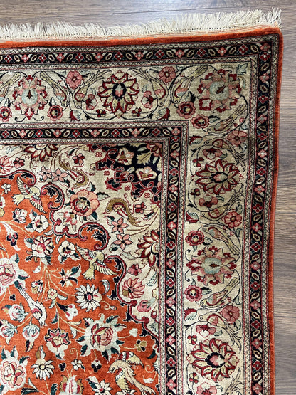 Persian Qum Silk Rug 5x7 - Floral Medallion, Birds, Orange-Red - Nuvé