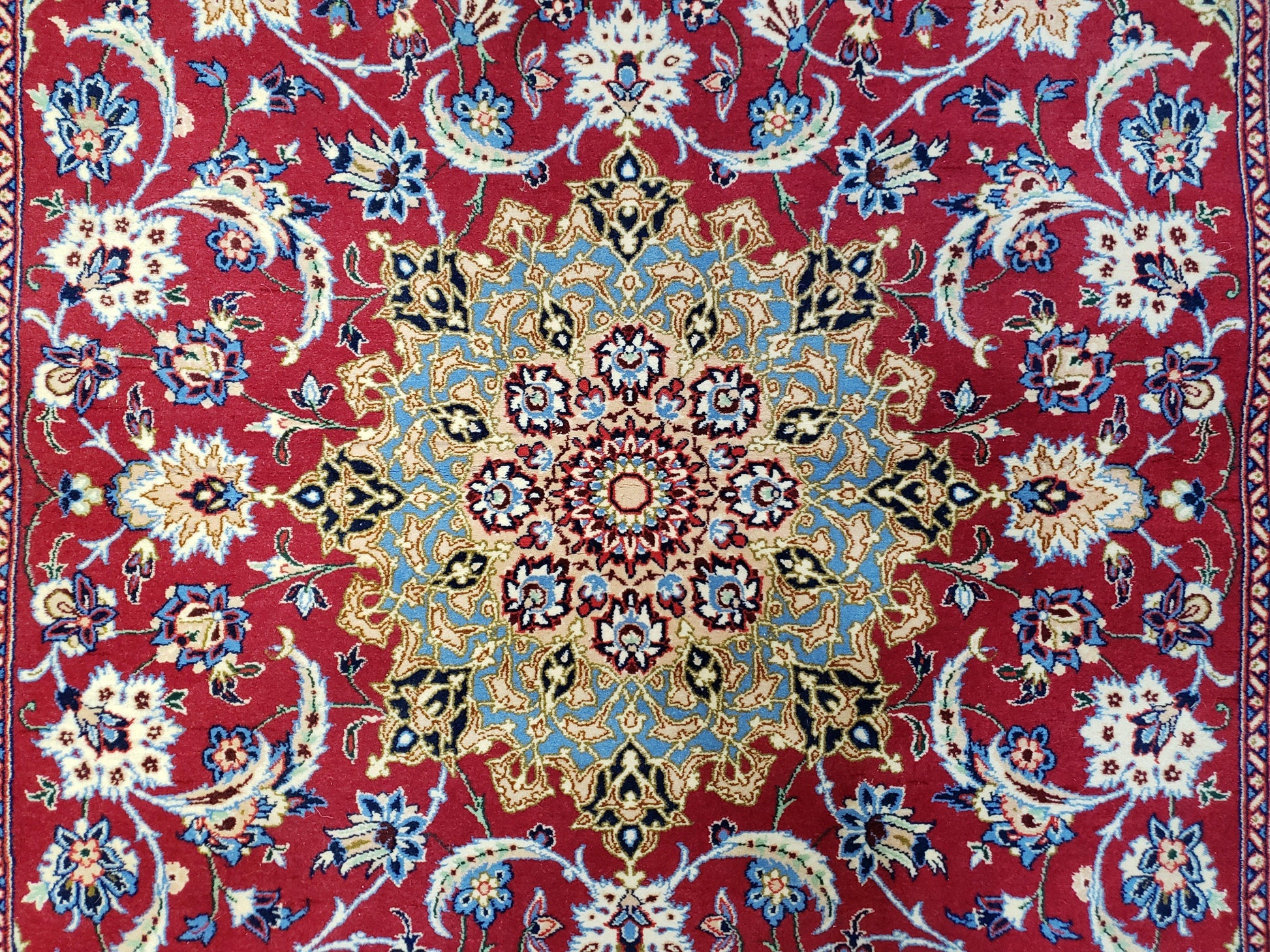 Semi Antique Persian Isfahan Rug, Kork Wool on Silk Foundation, Red & Blue, Top Quality, 3'6" x 5' 6" - Nuvé