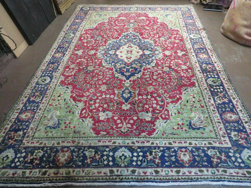 Persian Tabriz Rug 7x10, Red Blue and Green Rug, Allover Floral Medallion Rug, Hand Knotted Rug, Antique Rug 7 x 10 Vintage Wool Oriental Carpet - Nuvé