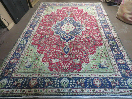 Persian Tabriz Rug 7x10, Red Blue and Green Rug, Allover Floral Medallion Rug, Hand Knotted Rug, Antique Rug 7 x 10 Vintage Wool Oriental Carpet - Nuvé