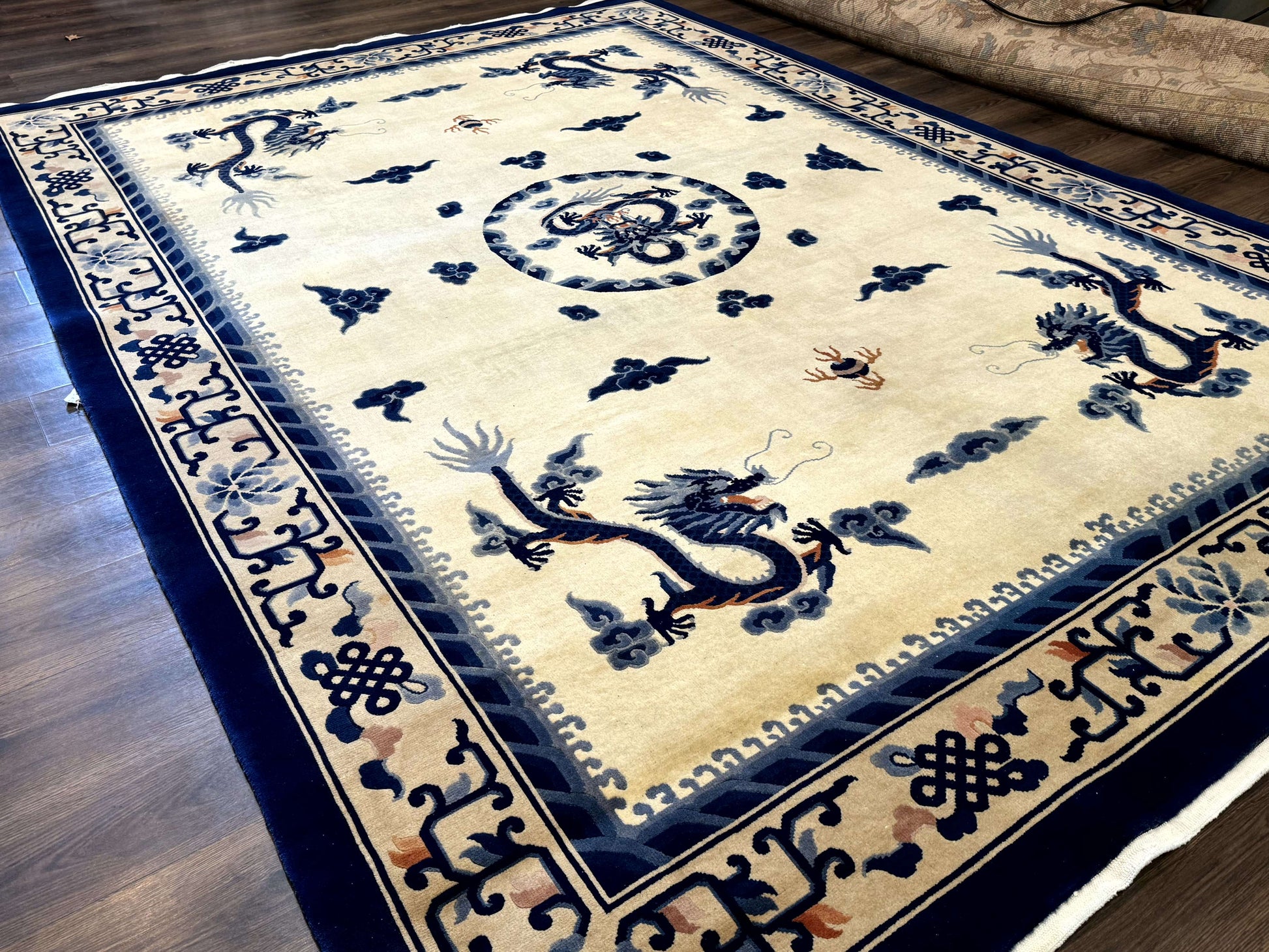 Chinese Dragon Peking Rug 8 x 11.6, Ivory and Blue, Chinese Wool Rug, Vintage - Nuvé