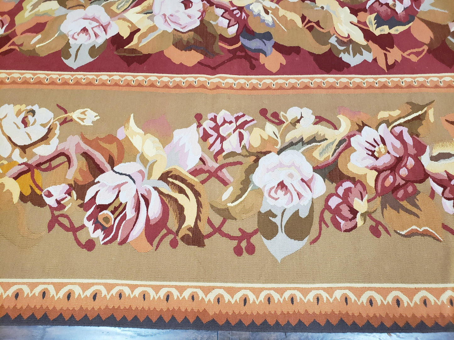Vintage Chinese Aubusson Savonnerie Flat Pile Rug 9.9 x 14.5 Wool Handwoven Red & Khaki Large Flowers Rug 9x14 - 10x15 Michaelian Kolhberg - Nuvé
