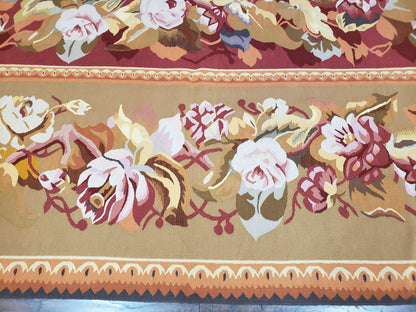 Vintage Chinese Aubusson Savonnerie Flat Pile Rug 9.9 x 14.5 Wool Handwoven Red & Khaki Large Flowers Rug 9x14 - 10x15 Michaelian Kolhberg - Nuvé