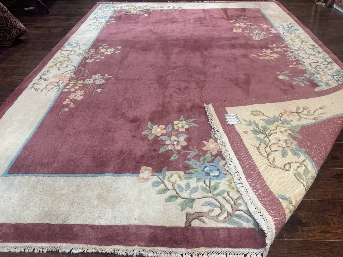 Indo Chinese Art Deco Rug 9x12, Pink and Ivory, Open Filed, Floral, Wool - Nuvé