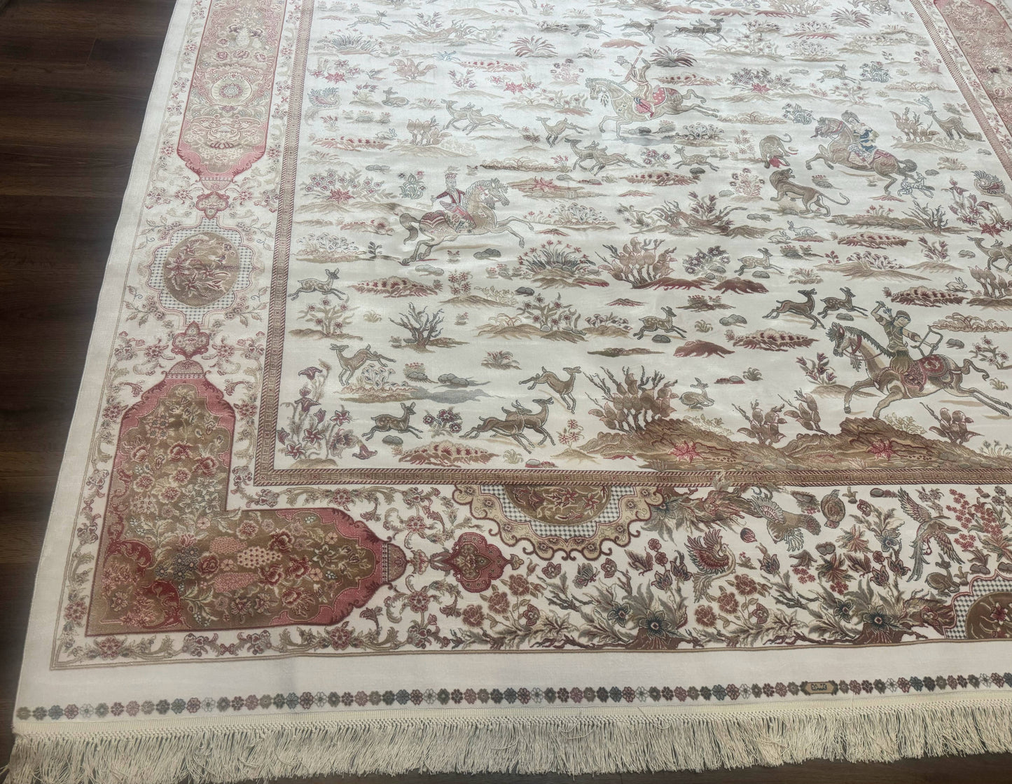 Large Turkish Silk Rug 8x10, Ivory, Hunting Design, Bamboo Silk, New - Nuvé