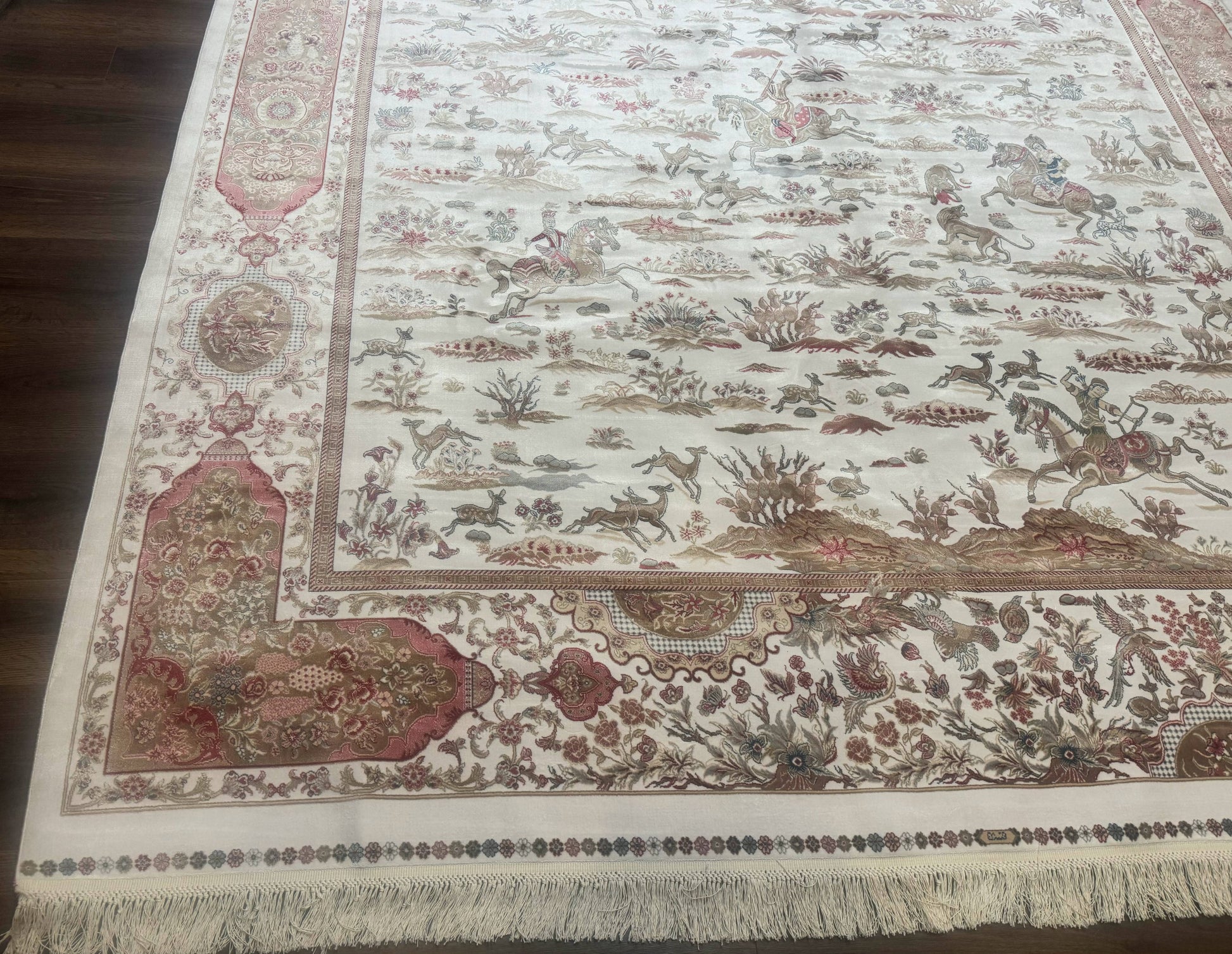 Large Turkish Silk Rug 8x10, Ivory, Hunting Design, Bamboo Silk, New - Nuvé